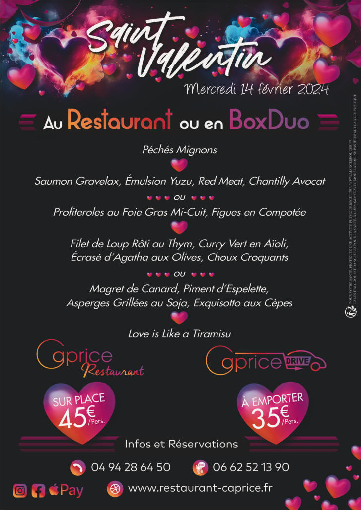 Menus Saint-Valentin - Caprice - Restaurant Cuers